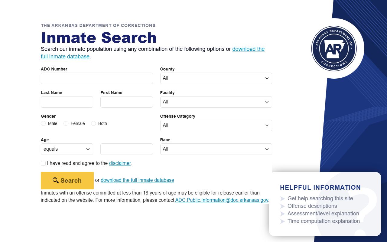 Arkansas ADC inmate search form for the statewide inmate population