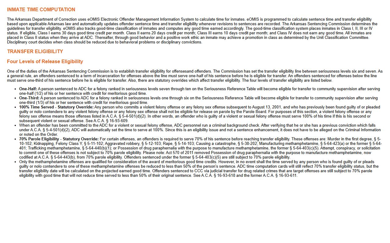 Arkansas ADC time computation page explaining sentence time and transfer eligibility