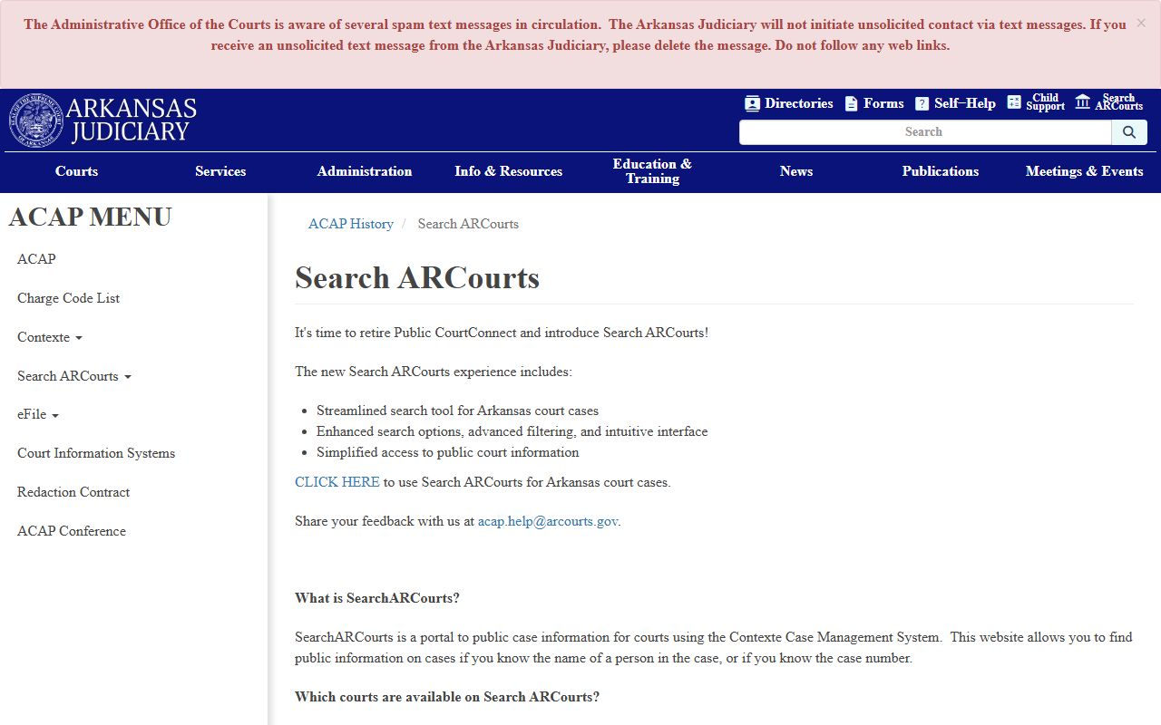 Arkansas Judiciary explanation of Search ARCourts coverage and limits